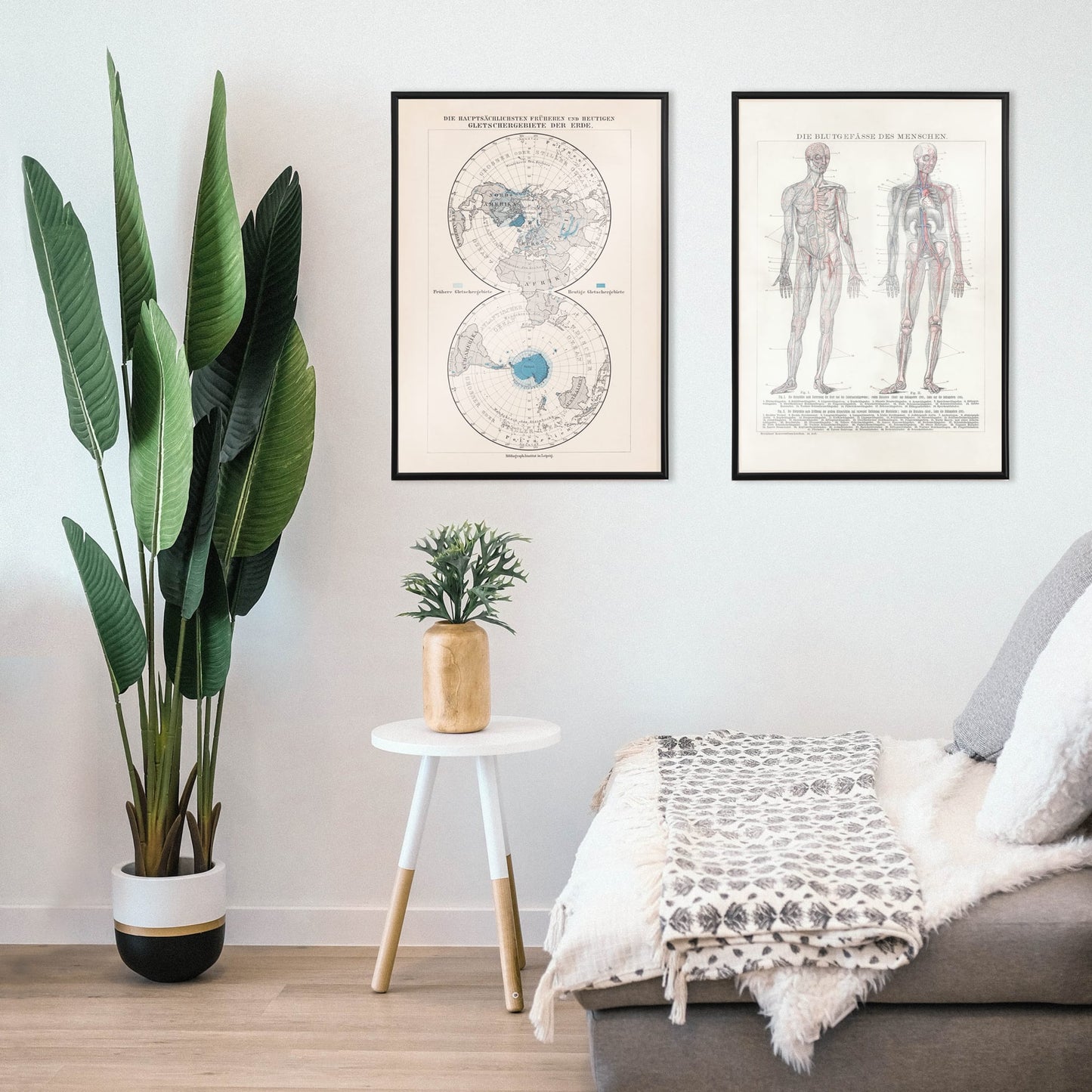 Vintage polar regions and glacier map illustrated artwork of Earth poles by Bibliographic institute of Liepzig, framed and displayed in home decor