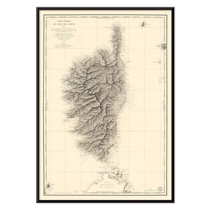Antique map poster of Corsica Carte Generale De LIle De Corse by Depot General de la Marine detailed geographical wall art, with black aluminium frame on white background