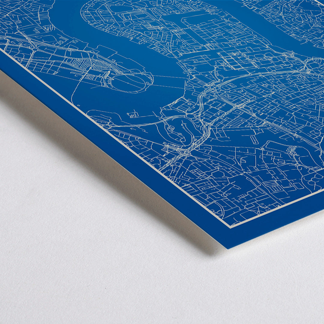 Closeup detail of Minimalist London map artwork poster with blue background white map details by artist Anonymous featuring major landmarks