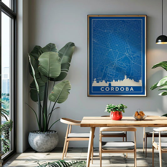 Cordoba Minimalist Map artwork and poster with blue and white grid design and city skyline silhouette, framed and displayed in home decor