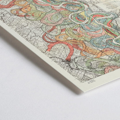 Closeup detail of Colorful topographic map poster of the Mississippi River by Harold Fisk titled Ancient Courses of the Mississippi River showing historic colorful swirls and paths