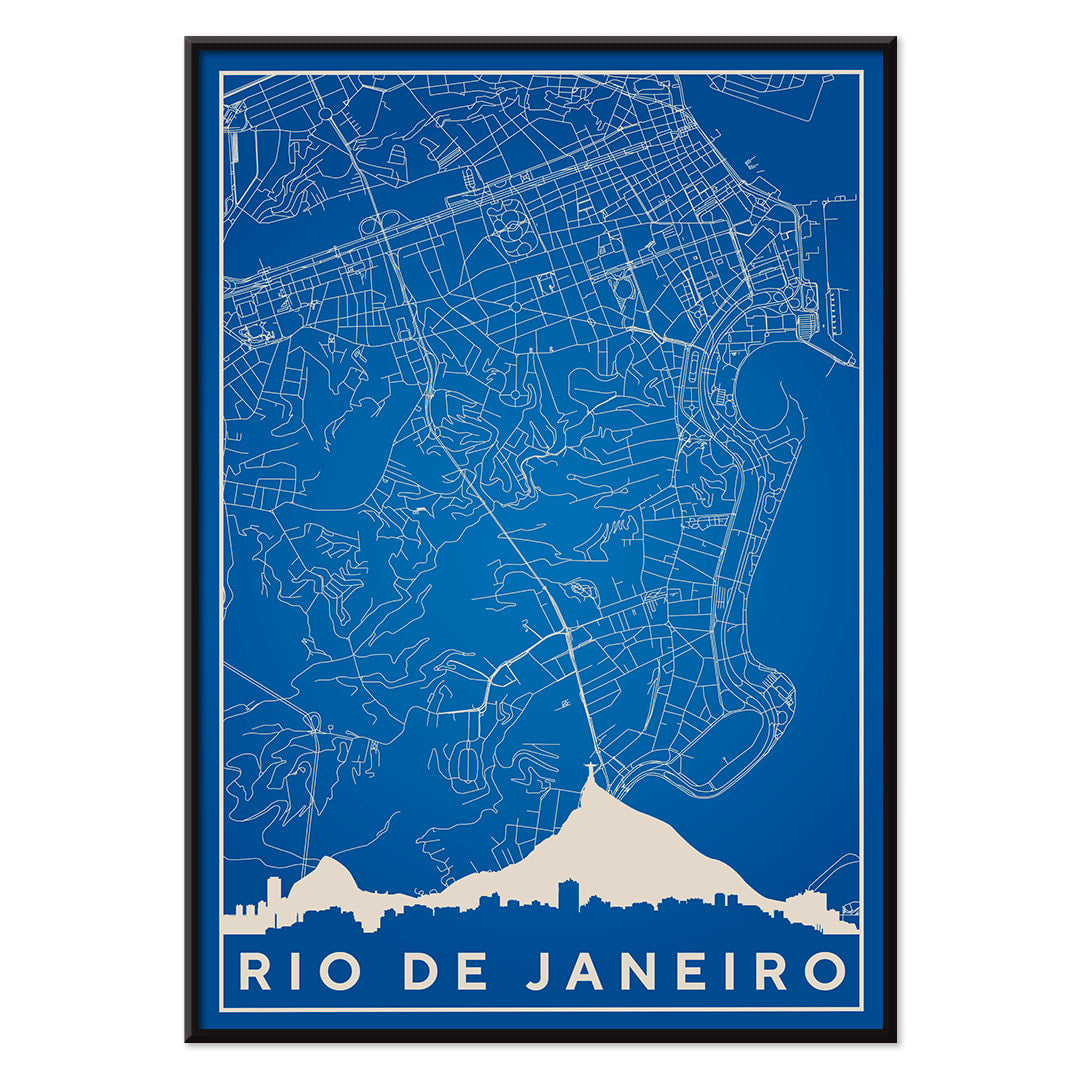 Minimalist blue and white Rio de Janeiro map poster by Moryarty featuring detailed street lines and city skyline silhouette, with black aluminium frame on white background