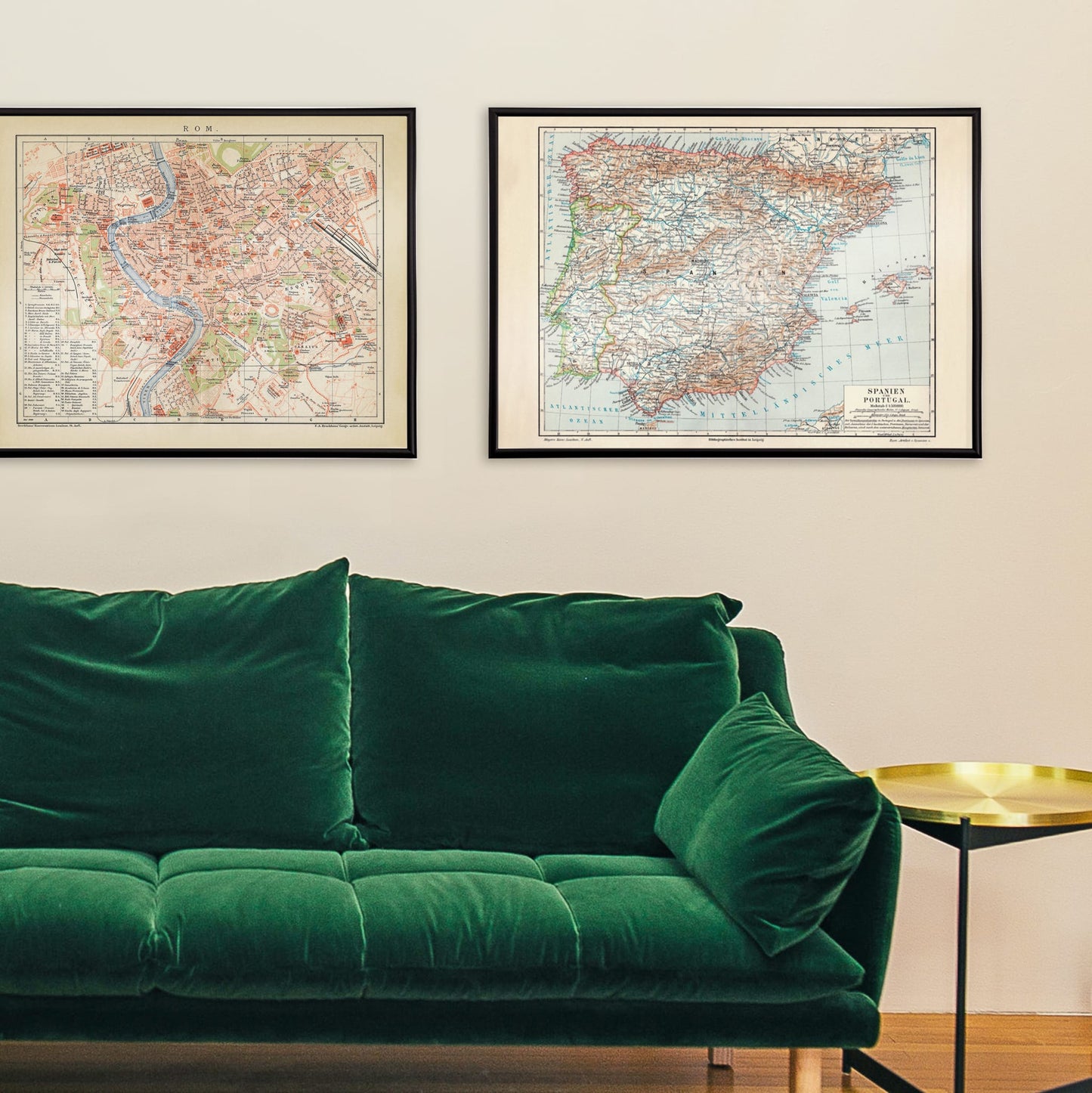 Ancient vintage map of Spain and Portugal with detailed regions and borders by Bibliographic institute of Liepzig poster artwork, framed and displayed in home decor