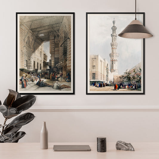 Bustling silk bazaar scene in Cairo with merchants and textiles artwork Bazaar of the silk mercers by David Roberts, framed and displayed in home decor