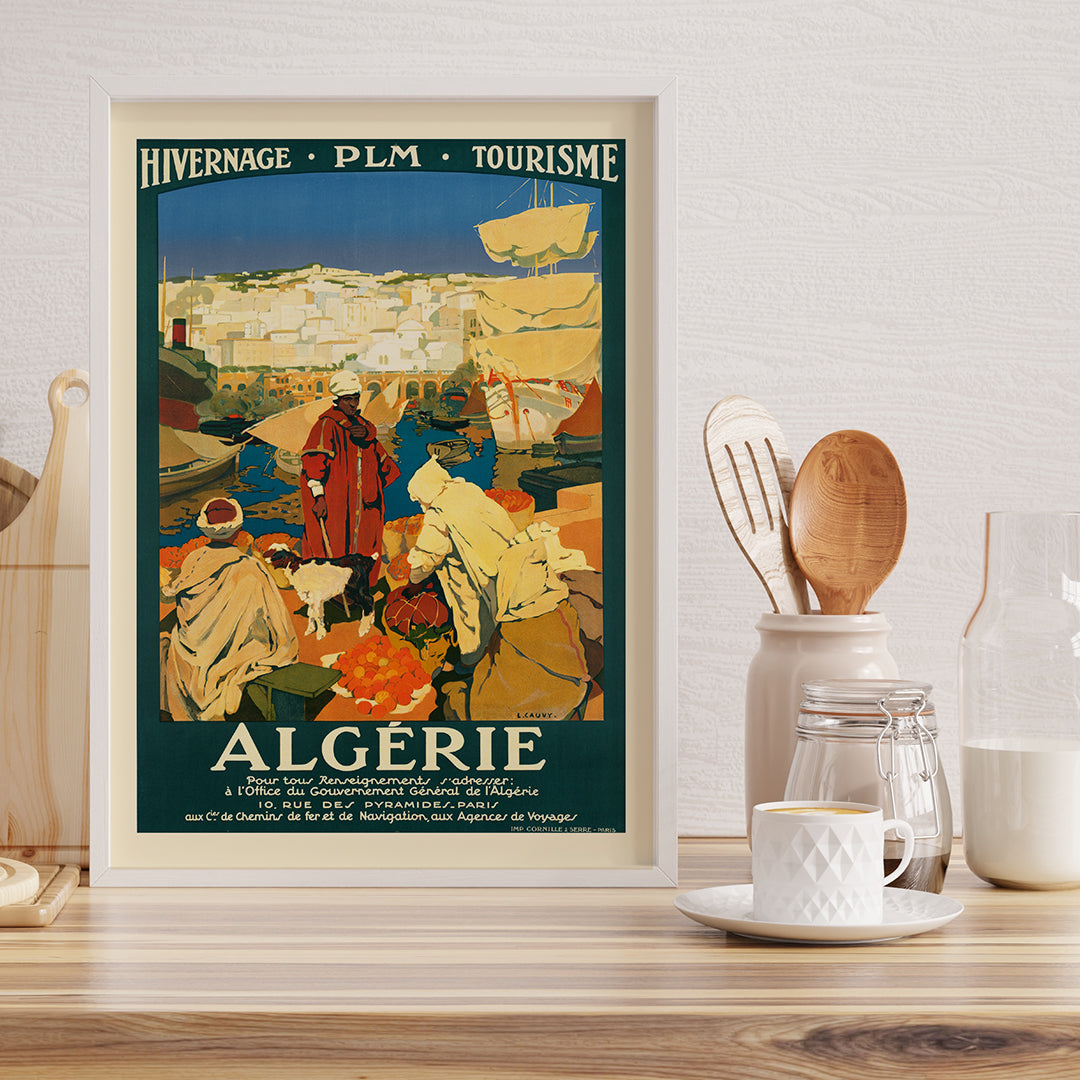 Colorful Algerian harbor market scene with people in traditional clothing by Leon Cauvy travel artwork poster, framed and displayed in home decor