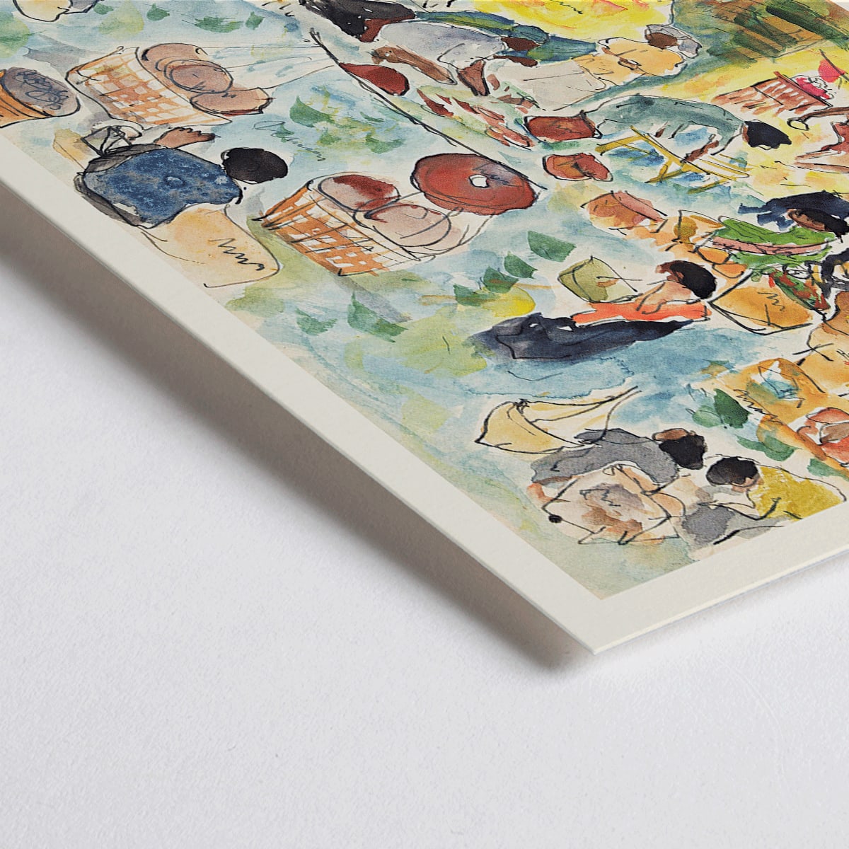 Closeup detail of Vibrant market scene in the Dutch East Indies by Pierre Jean Apol featuring bustling merchants and colorful goods