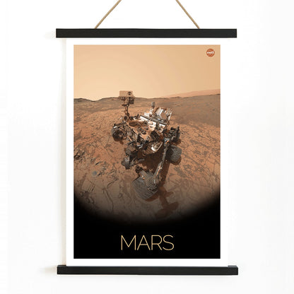 Mars exploration rover by NASA on the Martian surface in the Rover on Mars poster with NASA logo in top right corner, with wooden magnetic frame on white background