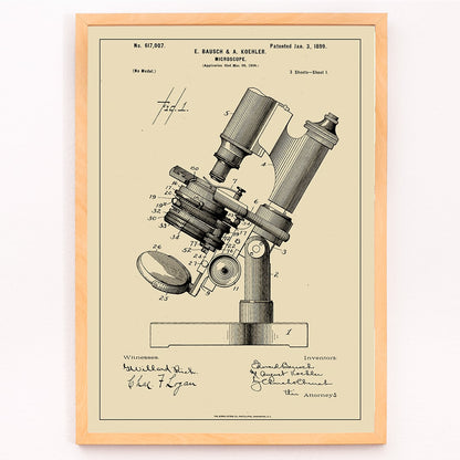 Detailed illustration and poster of microscope patent by E Bausch featuring detailed drawing titled Microscope Patent, framed and displayed in modern living room decor