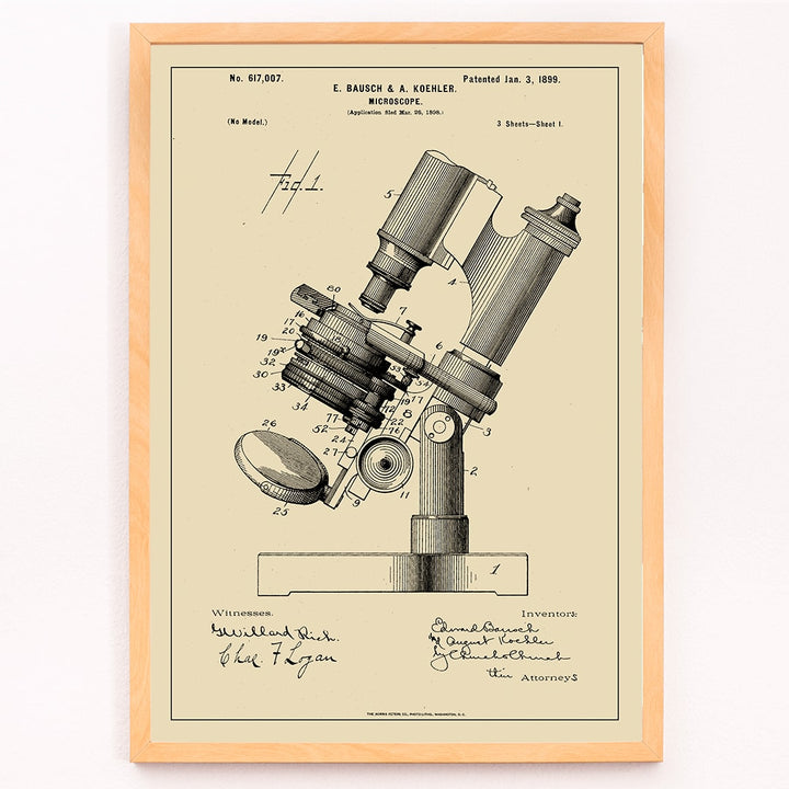 Detailed illustration and poster of microscope patent by E Bausch featuring detailed drawing titled Microscope Patent, framed and displayed in modern living room decor