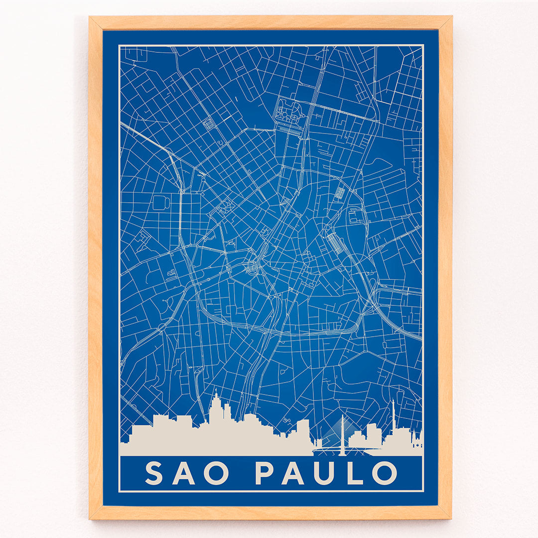 Minimalist blue map of Sao Paulo city with white street lines and skyline by artist Anonymous titled Minimalist Sao Paulo Map, framed and displayed in modern living room decor