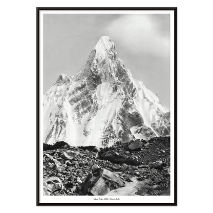 Mitre Peak surrounded by rocky terrain and snowy peak seen from Baltoro Glacier by Vittorio Sella, with black aluminium frame on white background
