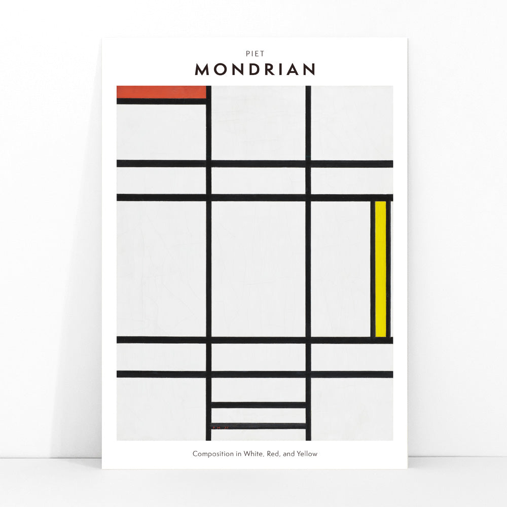 Abstract geometric painting by Piet Mondrian featuring bold black lines geometric shapes and blocks of white red and yellow in Composition in White Red and Yellow poster, framed and displayed in modern living room decor