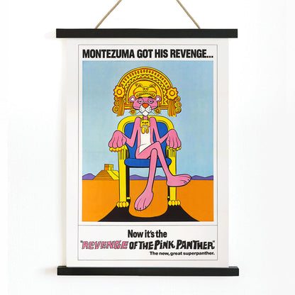 Pink Panther Montezuma themed artwork and poster titled Revenge of the Pink Panther featuring the Pink Panther sitting on a throne, with wooden magnetic frame on white background