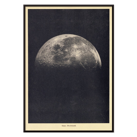 Black and white lunar surface artwork and detailed moon illustration poster by Institute of Liepzig wall art for home decor, with black aluminium frame on white background