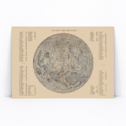 Detailed lunar surface illustration and poster with labeled features titled Map of the Moon by The Institute of Liepzig artwork, framed and displayed in modern living room decor