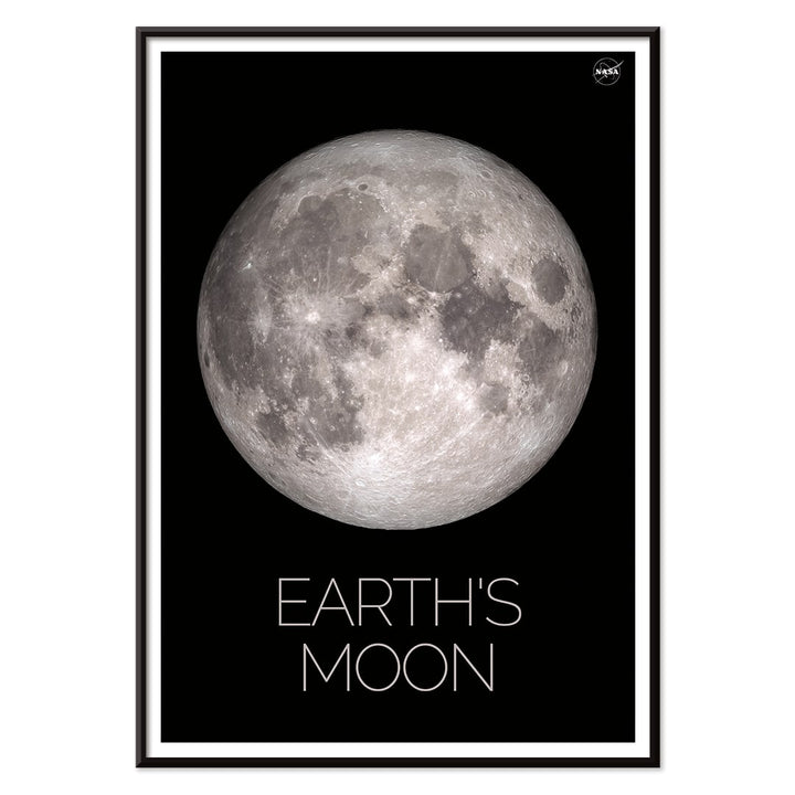 NASA poster of Earth Moon detailed lunar surface image with black background white border and labeled Moon, with black aluminium frame on white background