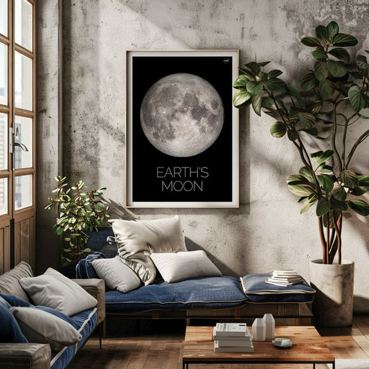 NASA poster of Earth Moon detailed lunar surface image with black background white border and labeled Moon, framed and displayed in home decor