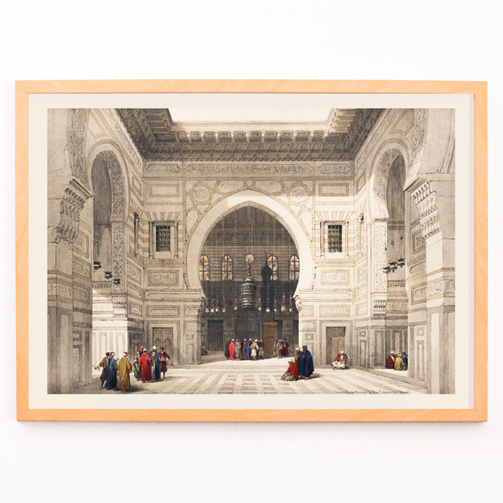 Closeup detail of Elegant interior of Sultan the Ghoree mosque with figures and detailed architecture by David Roberts