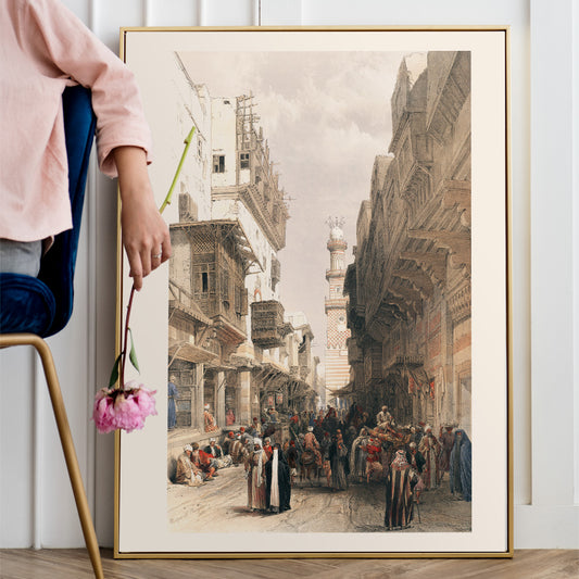 Bustling Cairo street scene with Mosque The Mooristan and people illustrated by David Roberts, framed and displayed in home decor