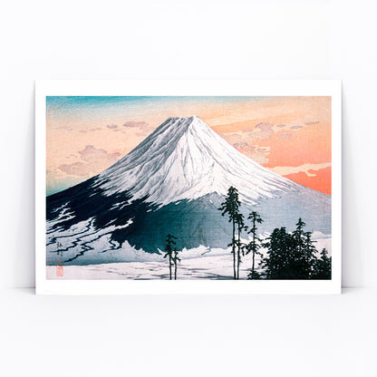 Colorful landscape and snowy mountain with trees at sunrise Katsuyama Neighborhood artwork by Hiroaki Takahashi, framed and displayed in modern living room decor