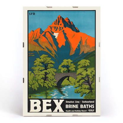 Colorful vintage Swiss mountain landscape with stone bridge and river artwork Bex Brine Baths by Aime Felix Nicollerat, framed and displayed in modern living room decor