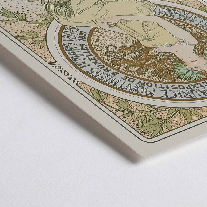 Closeup detail of Alphonse Mucha Exposition de Bruxelles Art Nouveau poster with graceful woman and floral ornaments in soft green and beige tones