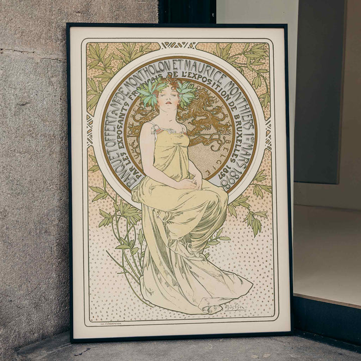 Alphonse Mucha Exposition de Bruxelles Art Nouveau poster with graceful woman and floral ornaments in soft green and beige tones, framed and displayed in home decor