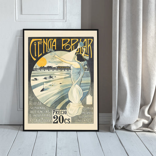 Art Nouveau poster of a woman in a white dress holding a torch and laurel branch with science themes Ciencia Popular by F Sagrista, framed and displayed in home decor