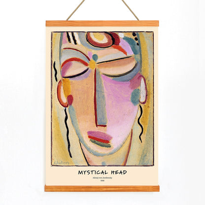 Abstract painting Mystical Head Meditation by Alexej von Jawlensky featuring a colorful stylized abstract face with closed eyes and serene expression, with wooden magnetic frame on white background