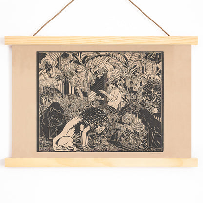 Orpheus playing harp surrounded by animals in lush jungle artwork by Henri van der Stok poster, with wooden magnetic frame on white background