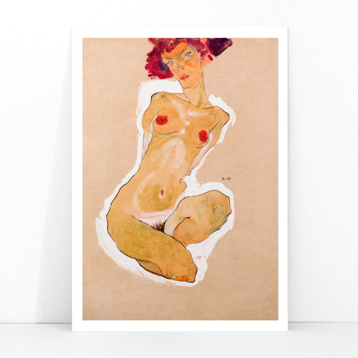 Colorful expressionist painting poster of a nude woman squatting titled Squatting Female Nude by Egon Schiele, framed and displayed in modern living room decor