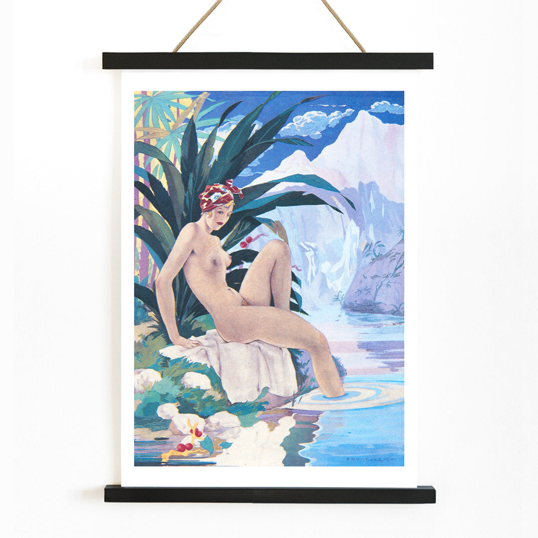 Nude woman by a tropical river in lush nature Tavola per Paul et Virginie by Umberto Brunelleschi poster, with wooden magnetic frame on white background