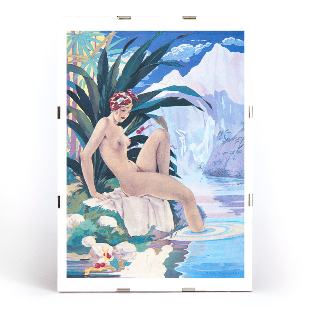 Nude woman by a tropical river in lush nature Tavola per Paul et Virginie by Umberto Brunelleschi poster, framed and displayed in modern living room decor