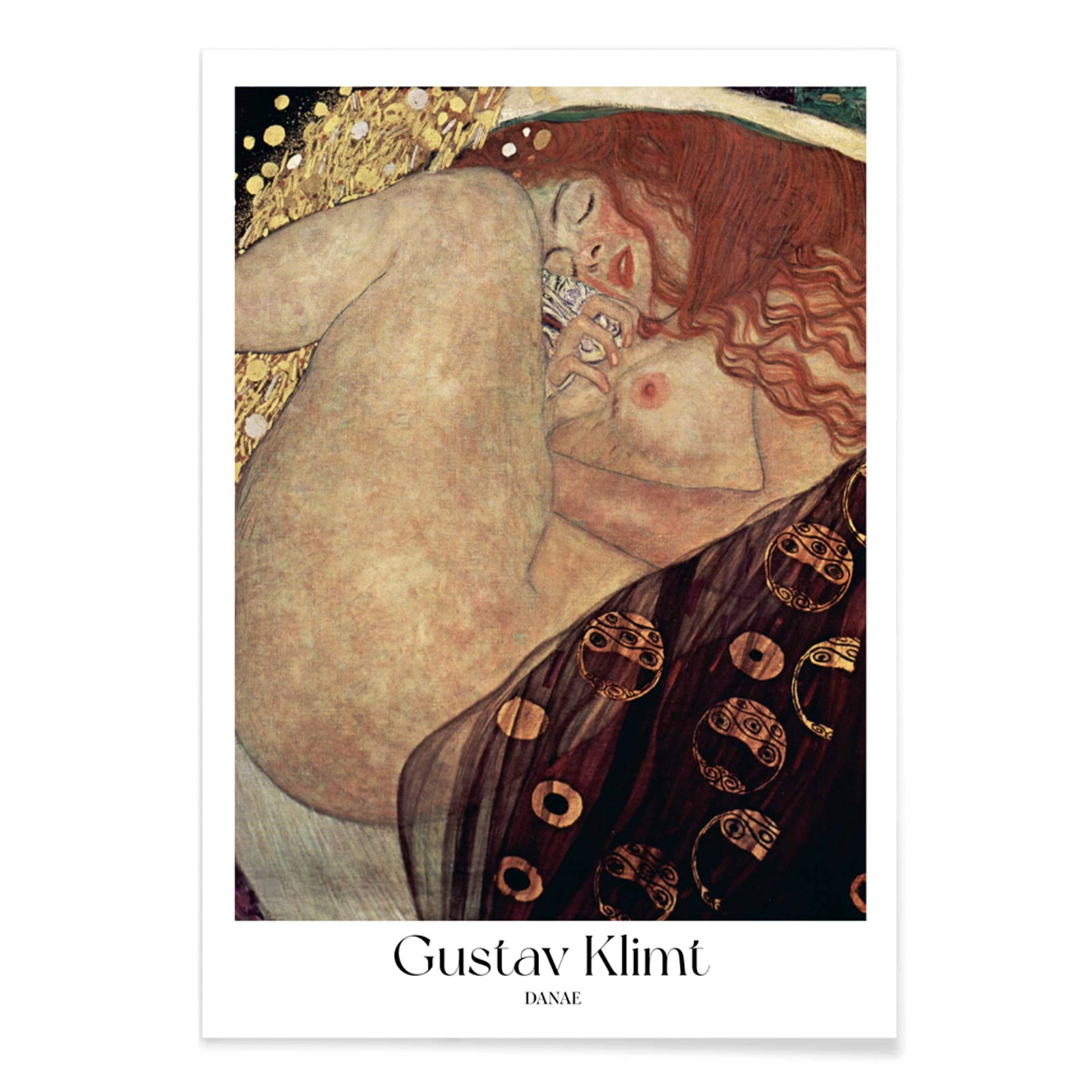 Danae by Gustav Klimt sensual reclining woman artwork in golden tones with rich decorative brown elements poster, with black aluminium frame on white background
