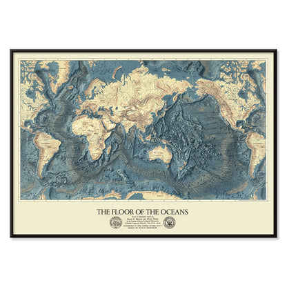 World map artwork showing ocean floors titled The Floor of the Oceans bathymetric map poster, with black aluminium frame on white background