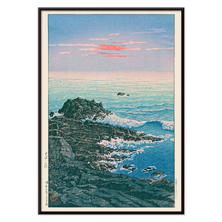 Morning at Cape Inubo by Kawase Hasui seascape with waves crashing on rocky shore at sunrise coastal scene poster, with black aluminium frame on white background
