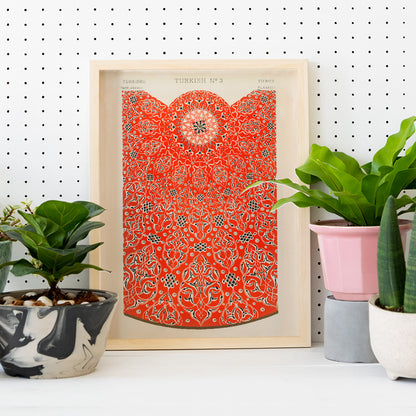 Intricate red and white Turkish ornamental pattern artwork poster by Owen Jones titled Grammar of Ornament featuring detailed geometric designs, framed and displayed in home decor