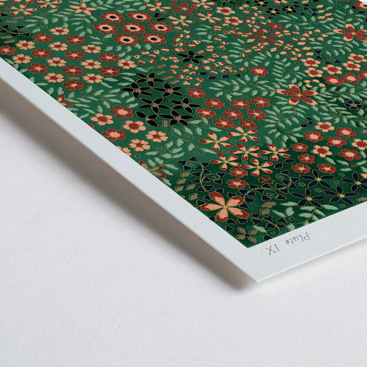 Closeup detail of Floral pattern artwork poster by GA Audsley from The Ornamental Arts Of Japan featuring intricate vibrant green and red designs