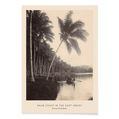 Palm trees and rowboat on river scenic landscape Palm Coast East Indies artwork by Onnes Kurkdjian poster, with black aluminium frame on white background