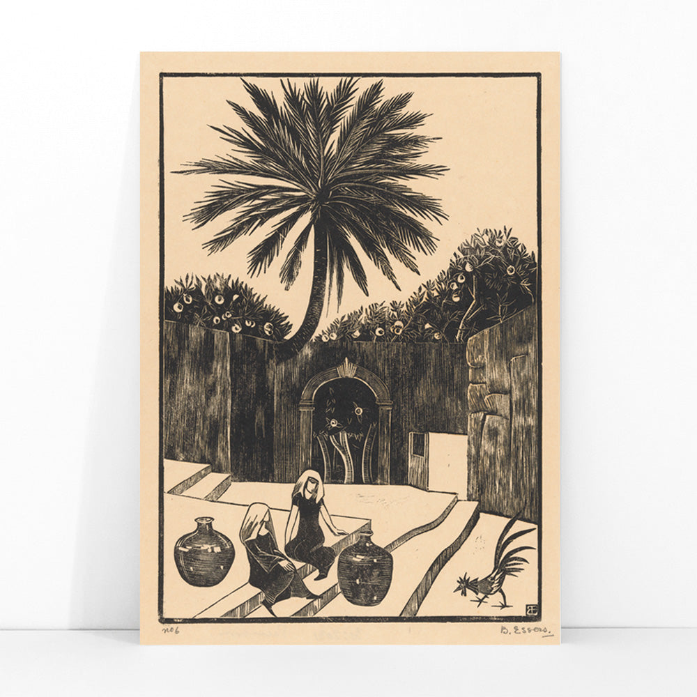 Street with steps in Taormina Sicily featuring palm tree two women with jugs and figures outdoor scene artwork by Bernard Essers, framed and displayed in modern living room decor