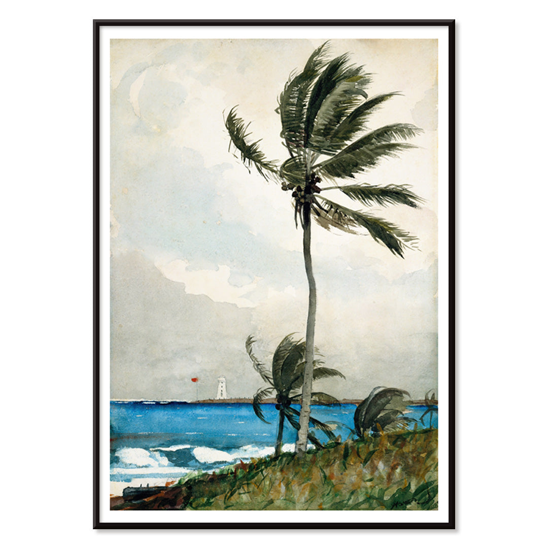 Windy tropical beach with palm trees and ocean by Winslow Homer featuring Palm Tree Nassau and lighthouse in the background, with black aluminium frame on white background