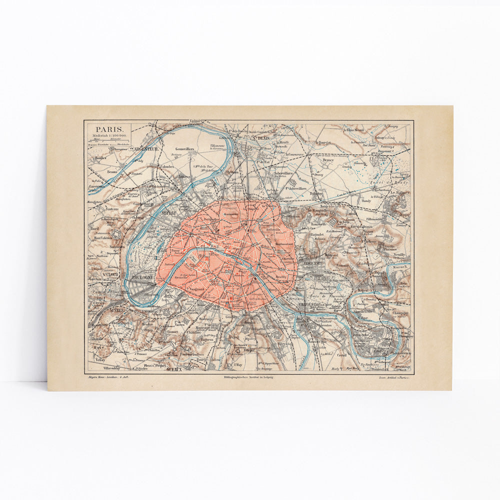 Ancient map of Paris city and surroundings by Bibliographic institute of Liepzig with detailed streets and highlighted city center poster artwork, framed and displayed in modern living room decor