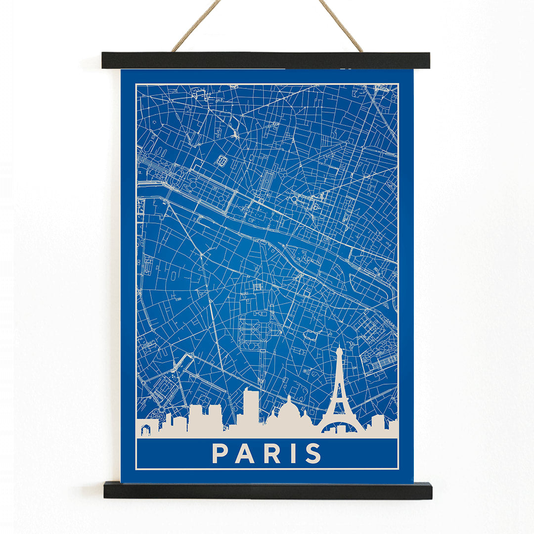 Minimalist Paris city map artwork and poster featuring detailed blue and white map with Eiffel Tower and prominent Paris landmarks, with wooden magnetic frame on white background