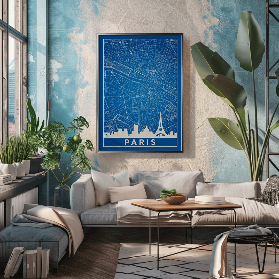 Minimalist Paris city map artwork and poster featuring detailed blue and white map with Eiffel Tower and prominent Paris landmarks, framed and displayed in home decor