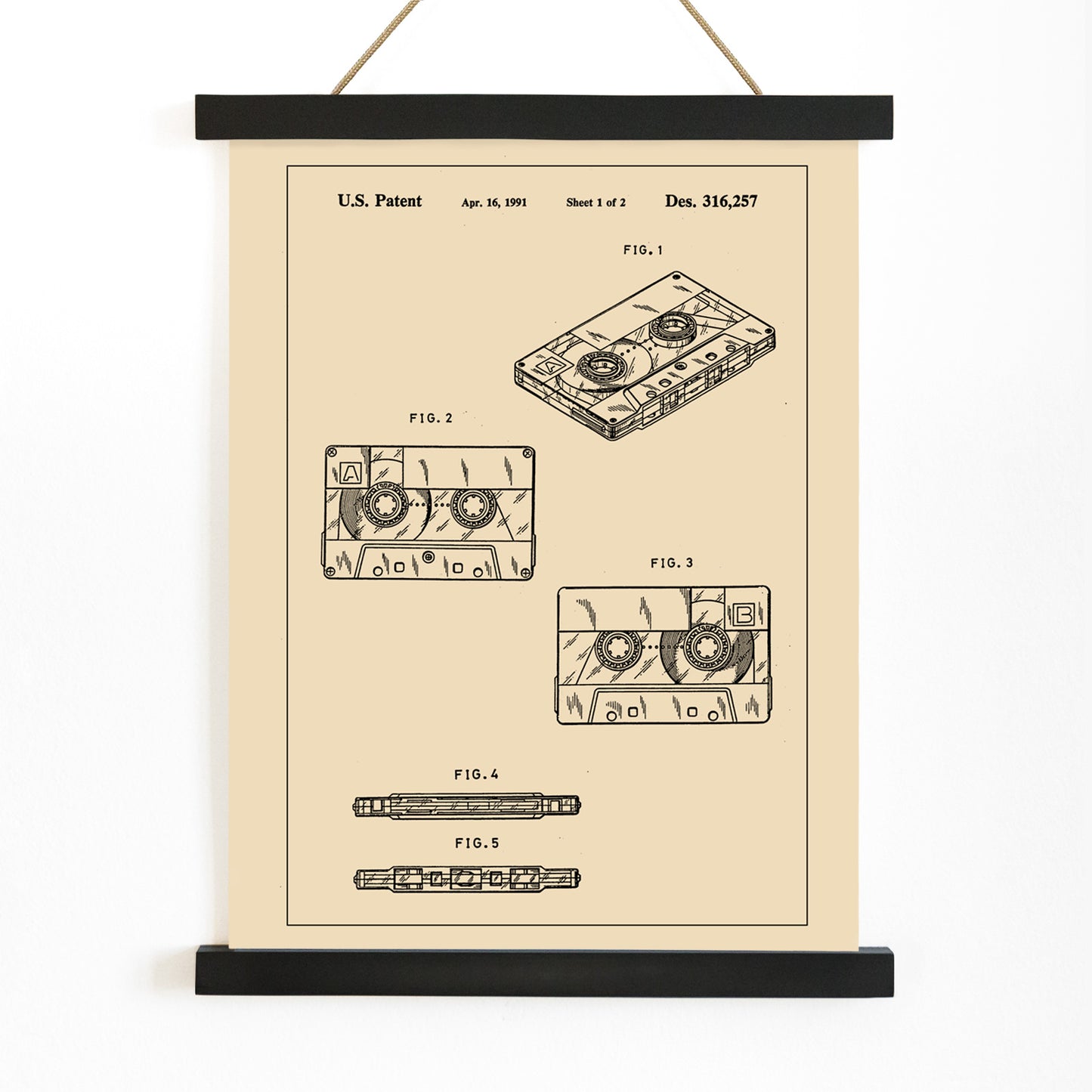 Vintage cassette tape patent illustration and technical drawing poster Audio Tape Patent artwork by US Patents ideal music lover decor, with wooden magnetic frame on white background