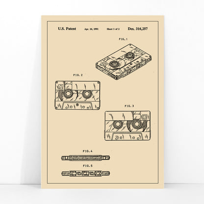 Vintage cassette tape patent illustration and technical drawing poster Audio Tape Patent artwork by US Patents ideal music lover decor, framed and displayed in modern living room decor