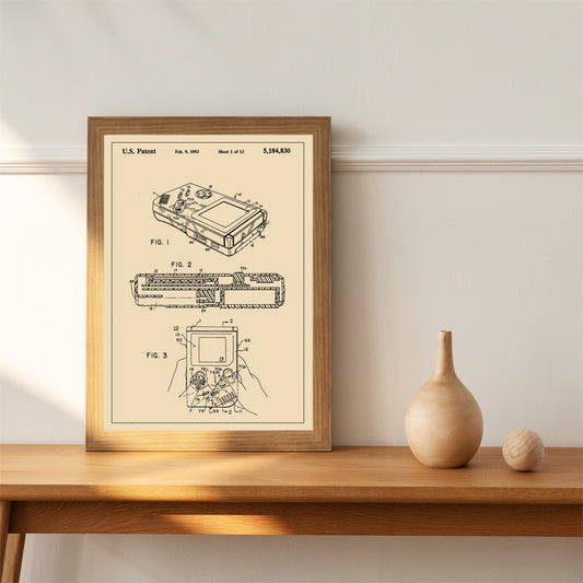 Gameboy Patent technical drawing and poster artwork by Nintendo ideal for gaming decor and collectors, framed and displayed in home decor