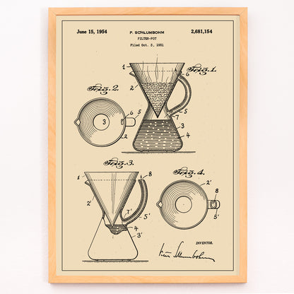Closeup detail of Vintage technical drawing and poster of coffee filter pot patent by P Schlumbohm with schematic and design details
