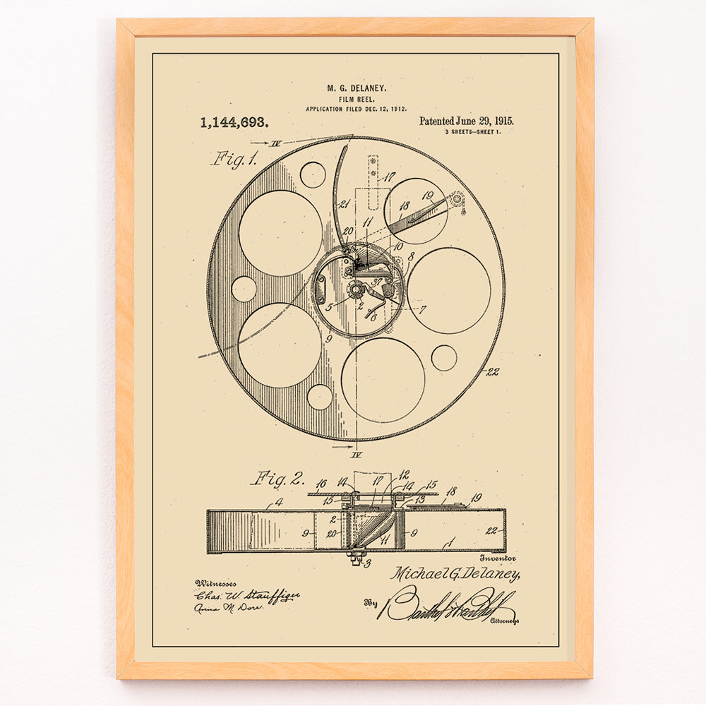 Closeup detail of Vintage film reel patent illustration and schematic artwork by M G Delaney for wall art decor