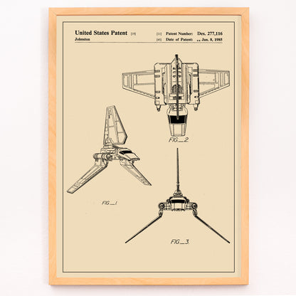Closeup detail of Technical drawings and vintage poster of Star Wars Imperial Shuttle patent artwork by Joe Johnston